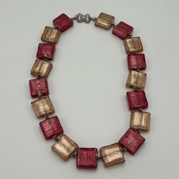 Venetian Bead Necklace. Rubino Platino and Champagne Pink Murano Beads. - Picture 2 of 11